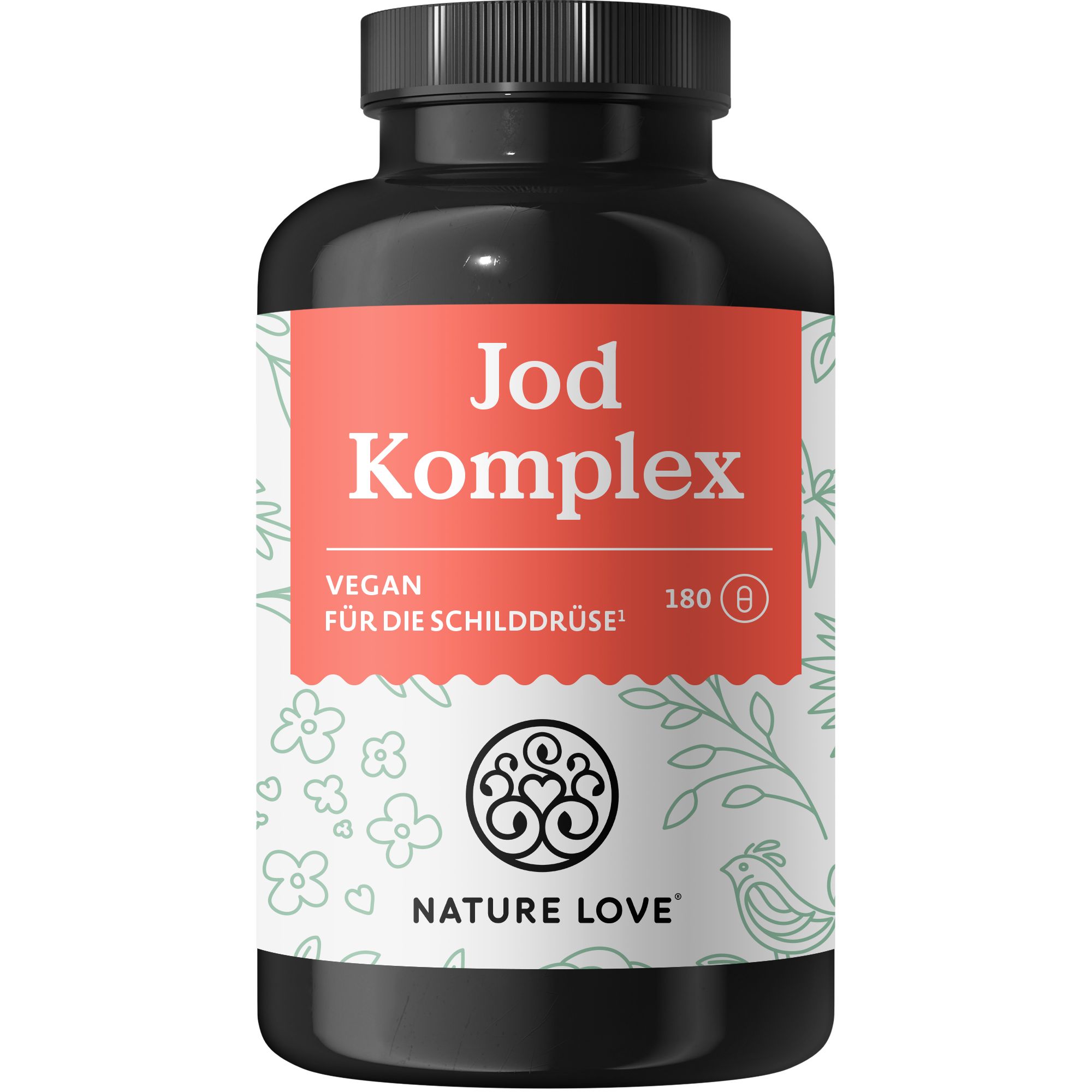 Schwarze Flasche mit rotem Etikett. Aufschrift: Jod Komplex, Vegan, für die Schilddrüse. Logo: NATURE LOVE®.