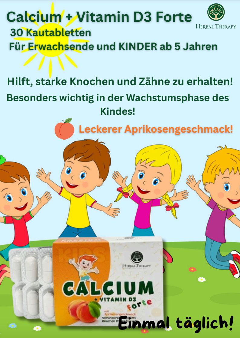 Werbebild mit Kindern und Produktverpackung. Aufschrift: Calcium + Vitamin D3 forte. Logo: Herbal Therapy. Text: Für Kinder ab 5 Jahren.
