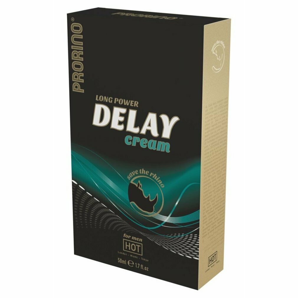 Schwarze Verpackung mit Produktnamen und Logo. Türkis-weiße Designelemente. Aufschrift: DELAY cream.