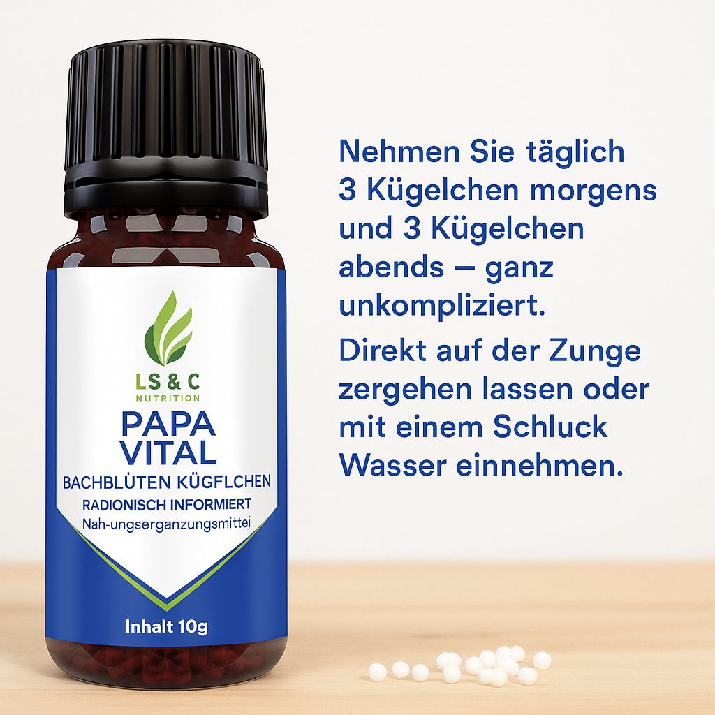 Flasche mit blauem Etikett: LS & C Nutrition, Papa Vital, Bachblüten Kügelchen, Inhalt 10g. Text: 3 Kügelchen morgens und abends. Direkt auf der Zunge.