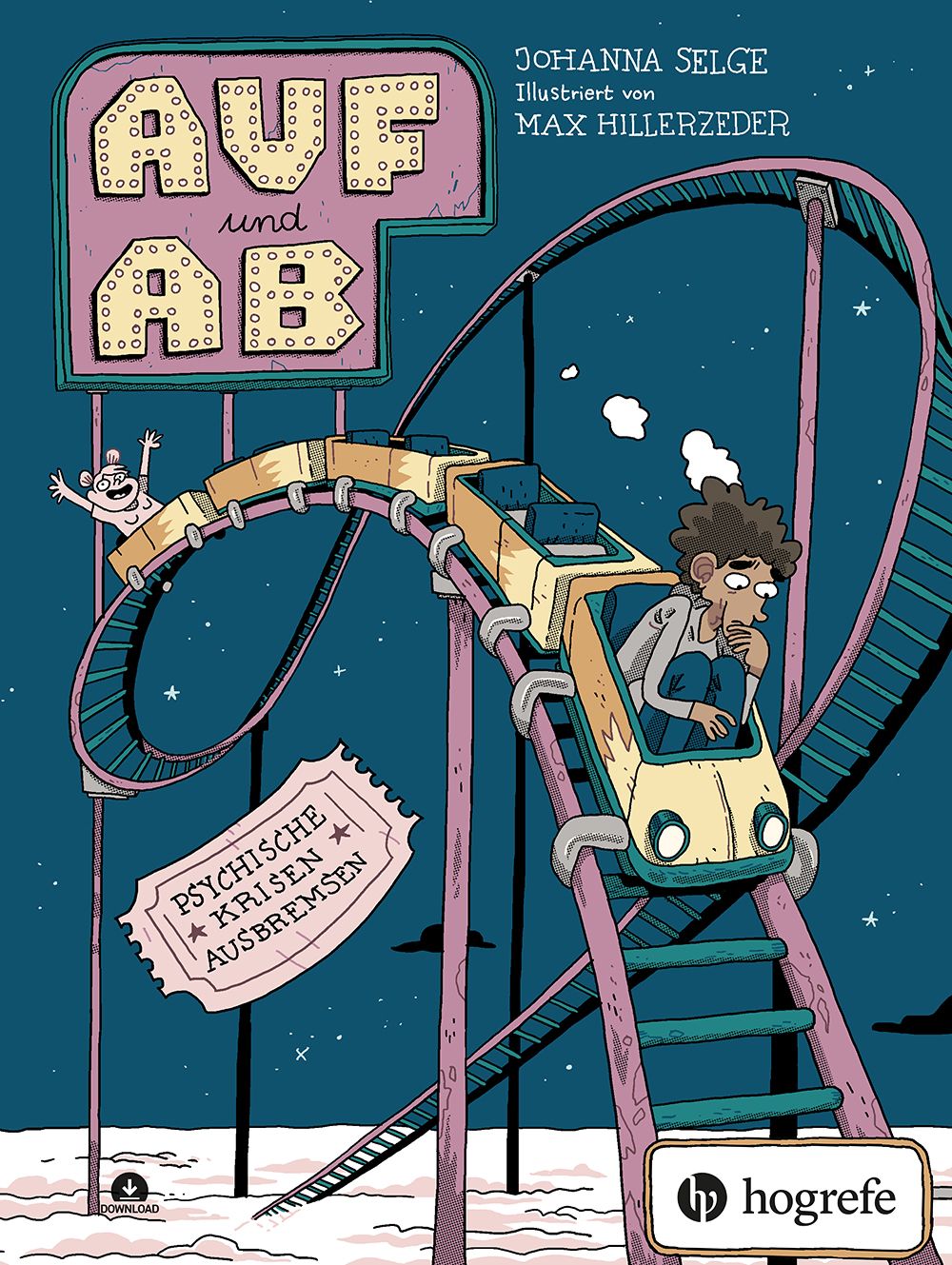 Buchcover mit Titel "Auf und Ab". Eine Achterbahn mit einem ängstlichen Fahrgast. Verlag Hogrefe.