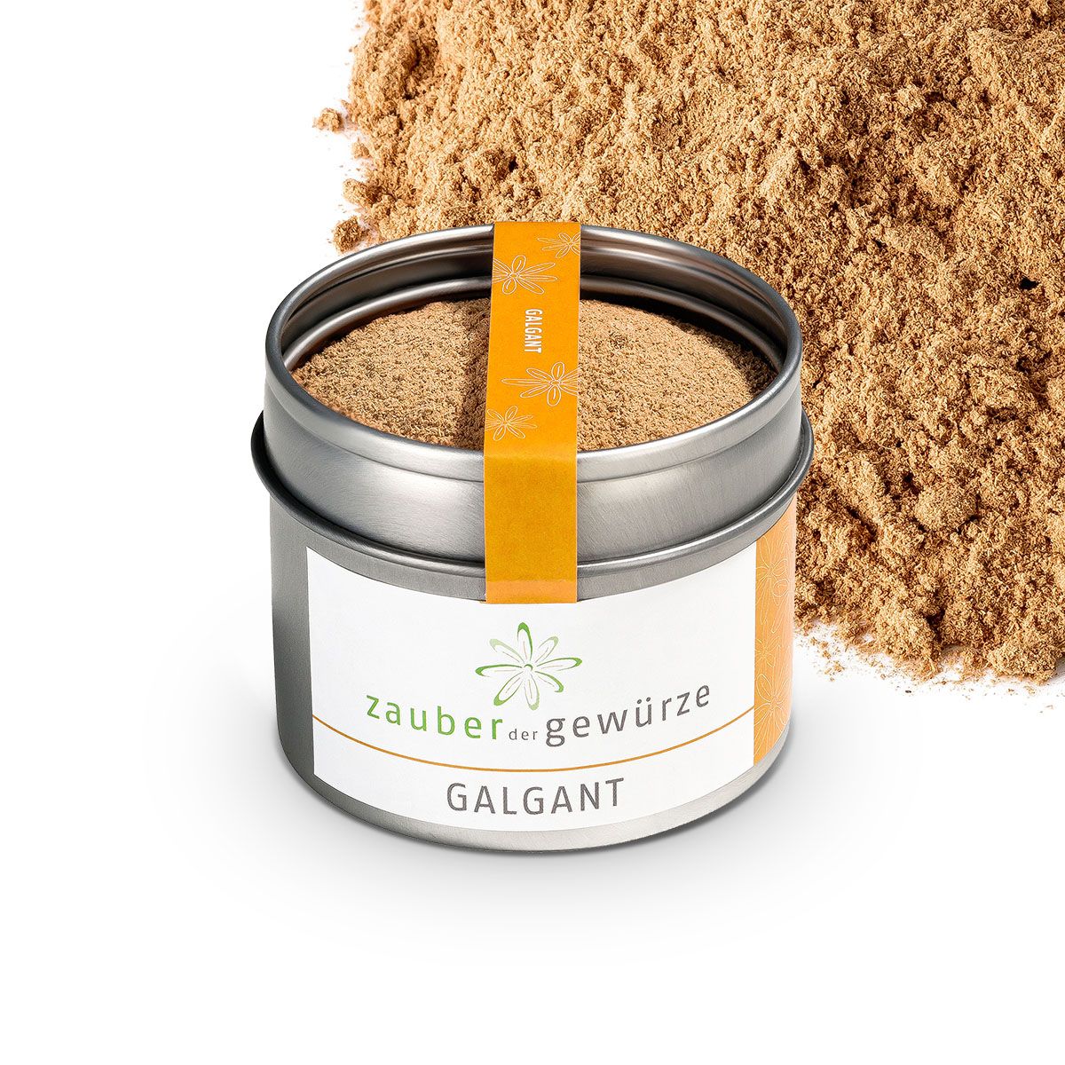 Galgant-Pulver in Dose und daneben. Dose mit Aufkleber 'Zauber der Gewürze' und 'GALGANT'. Gelber Streifen mit 'GALGANT'.