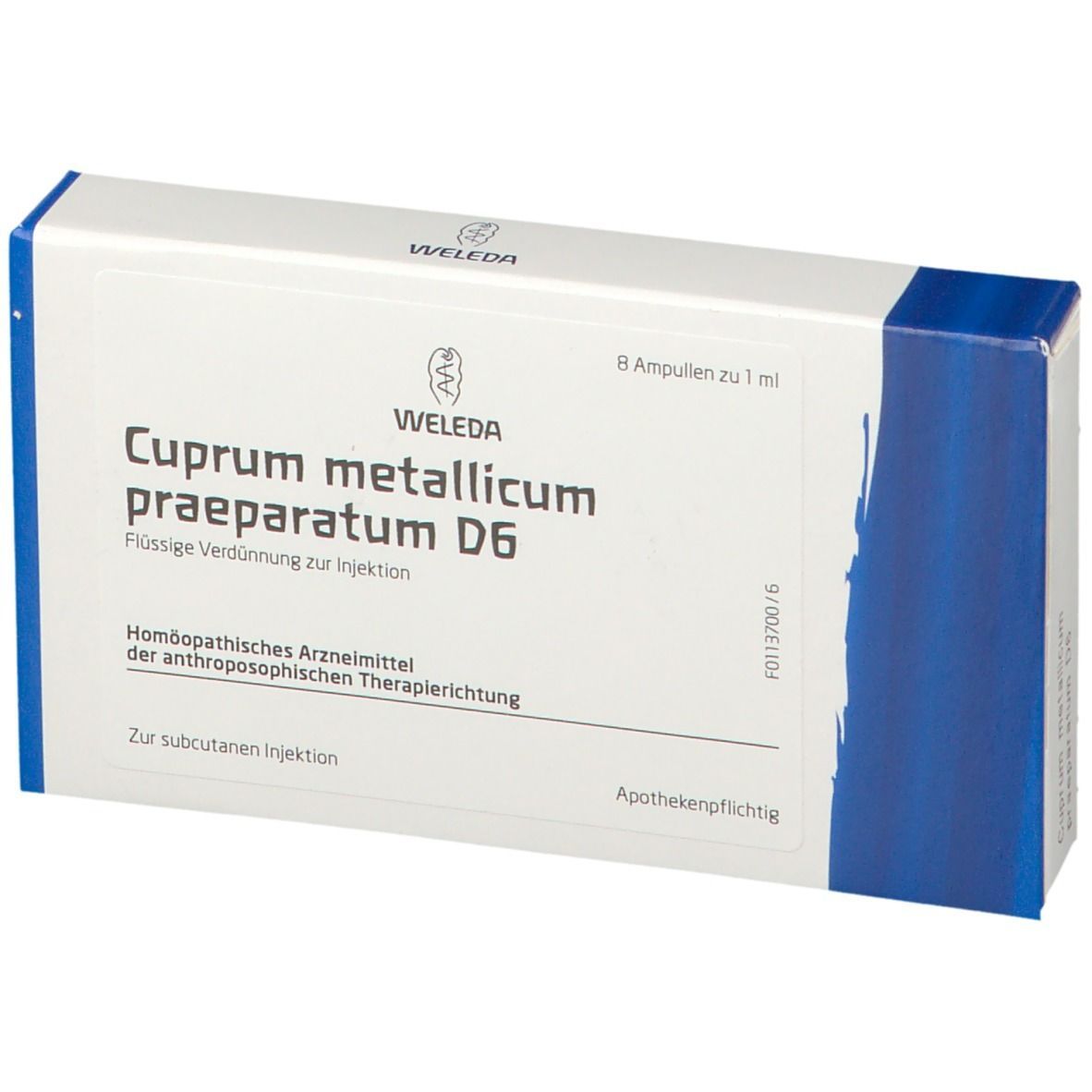 Weleda Cuprum metallicum praeparatum D6, Packung mit 8 Ampullen. Weiße Schachtel mit blauen Akzenten und Produktinformationen.