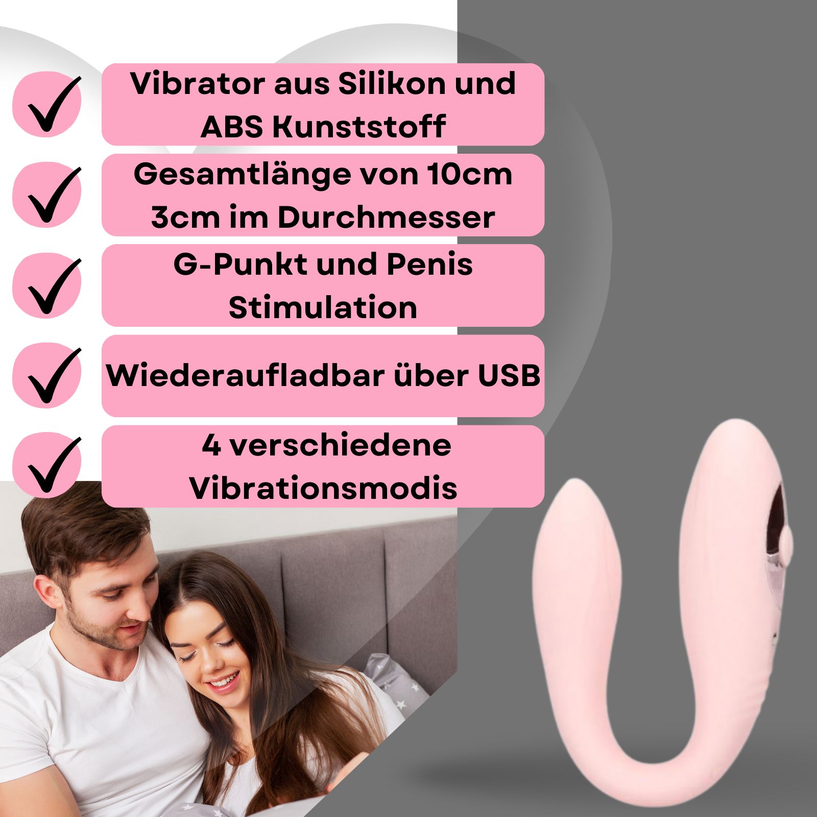 Rosa Partner-Vibrator. Text mit Produktmerkmalen. G-Punkt-Stimulation und USB-Aufladung.