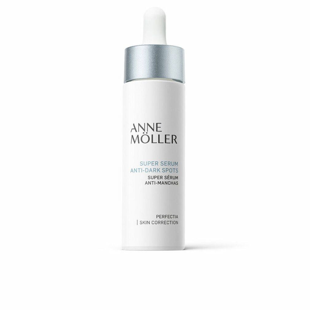 Weiße Flasche mit silbernem Deckel und Pipette. Aufschrift: Anne Möller, Super Serum Anti-Dark Spots.