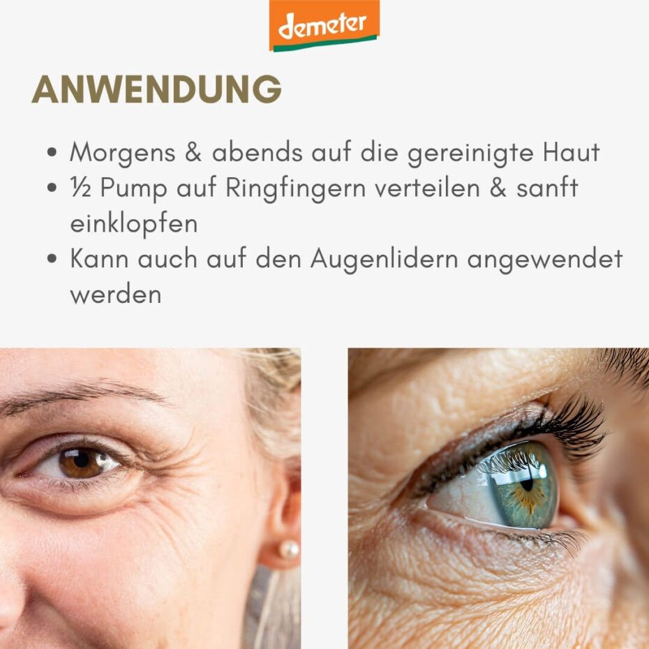 Anwendungshinweise. Text: Morgens & abends auf die gereinigte Haut. ½ Pump auf Ringfingern verteilen & sanft einklopfen. Kann auch auf den Augenlidern angewendet werden.