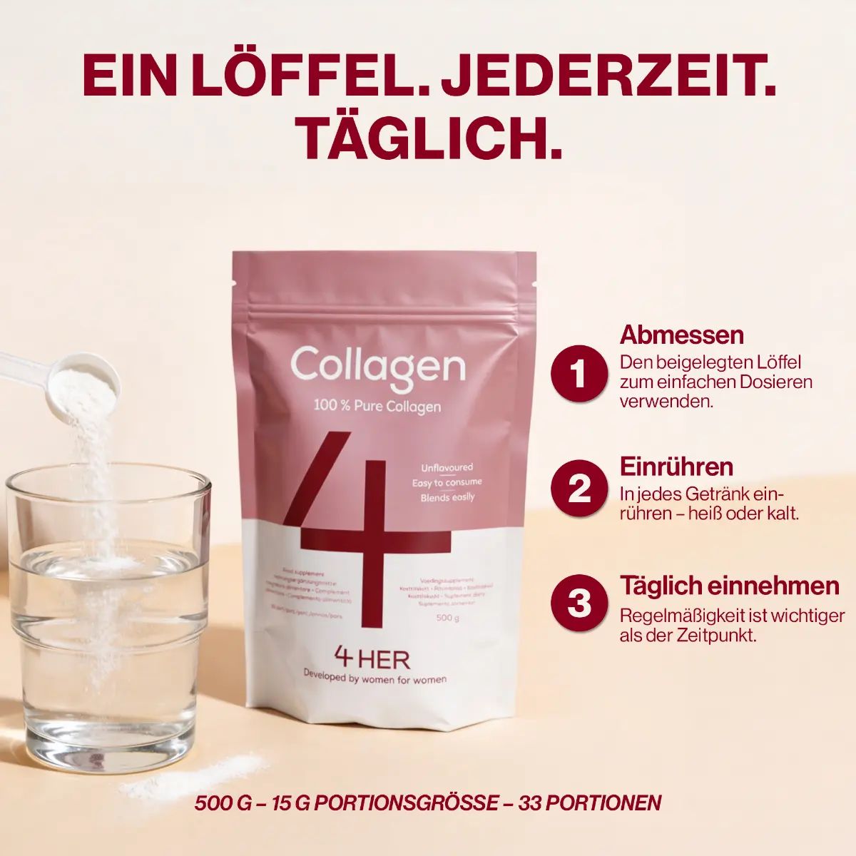 Anleitung zur Zubereitung von Kollagenpulver mit Glas und Verpackung.