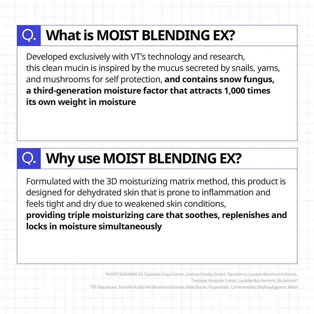 Frage: Was ist MOIST BLENDING EX? Antwort: Ein Feuchtigkeitsfaktor, der 1.000-mal sein Eigengewicht an Feuchtigkeit speichert.