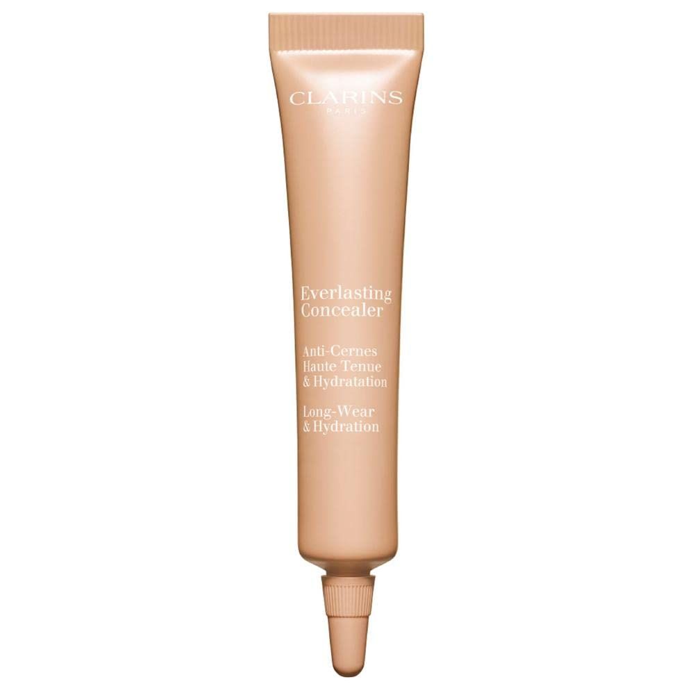 Beige Concealer-Tube. Aufschrift: CLARINS, Everlasting Concealer, Anti-Cernes, Haute Tenue & Hydratation, Long-Wear & Hydratation.