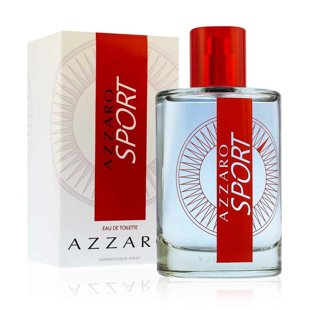 Glasflakon mit rotem Verschluss und roter Banderole mit "AZZARO SPORT"-Schriftzug. Daneben eine weiße Schachtel mit roter Banderole und Logo.