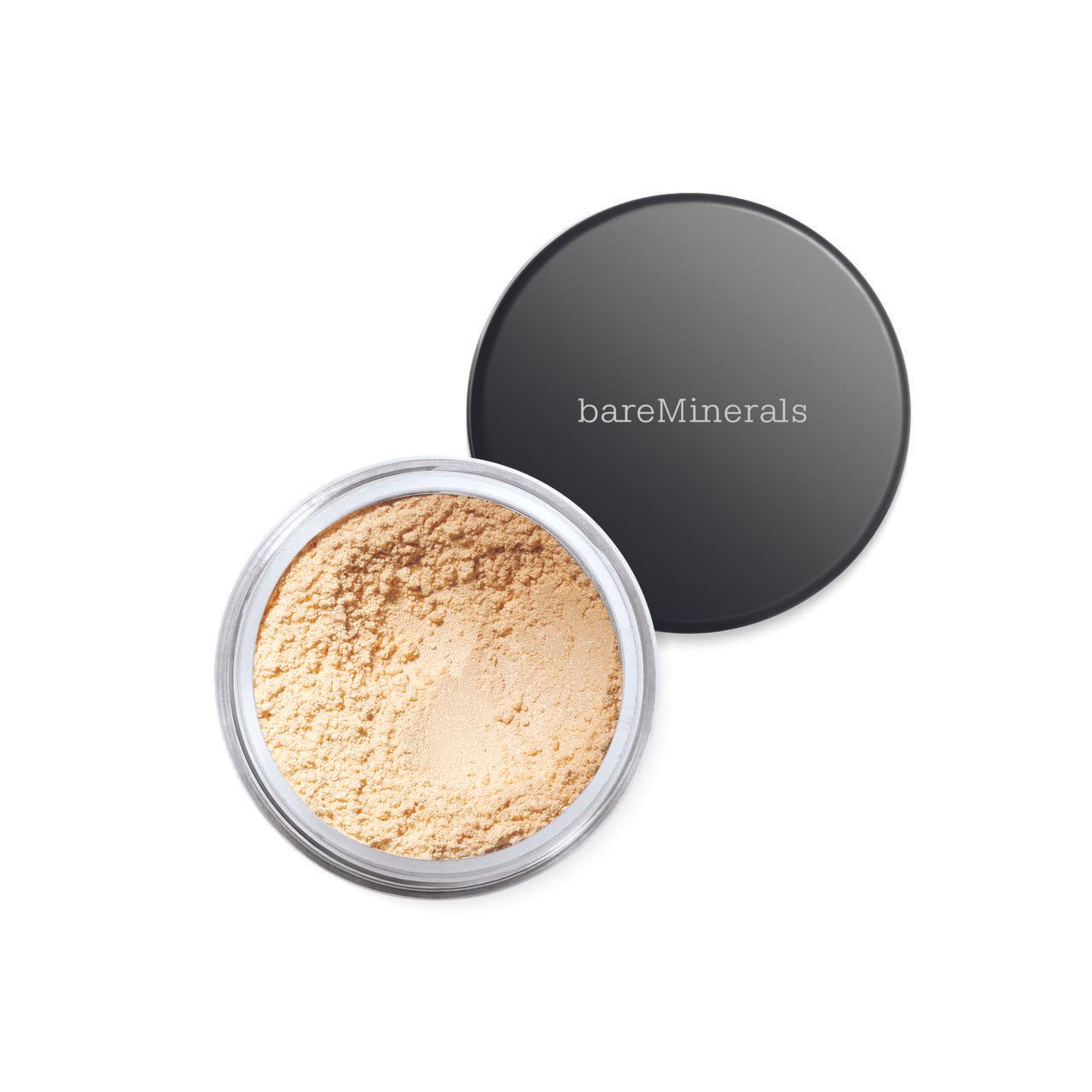 Offene Dose mit beigem Puderlidschatten. Schwarzer Deckel mit 'bareMinerals'-Schriftzug.