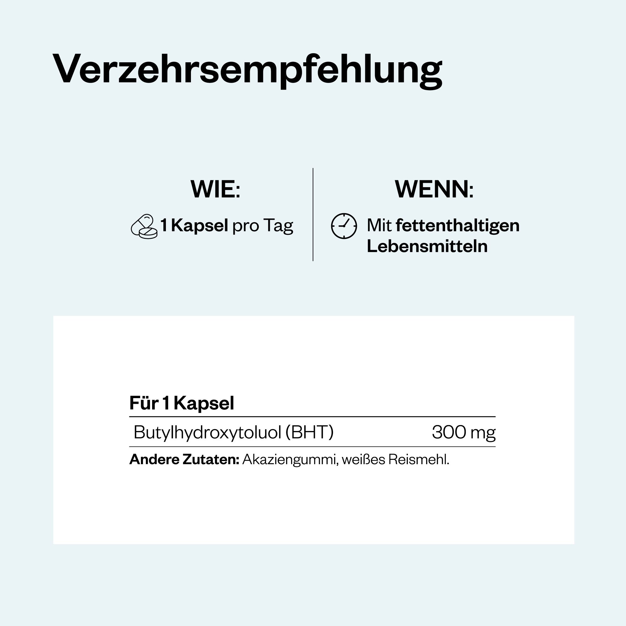 Grafik mit Verzehrempfehlung. 1 Kapsel pro Tag mit fetthaltigen Lebensmitteln. Butylhydroxytoluol (BHT) 300 mg.