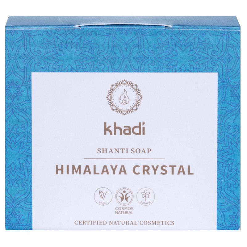 Khadi Shanti Soap Himalaya Crystal. Confezione con logo, nome prodotto e certificazioni. Scatola blu con etichetta bianca.