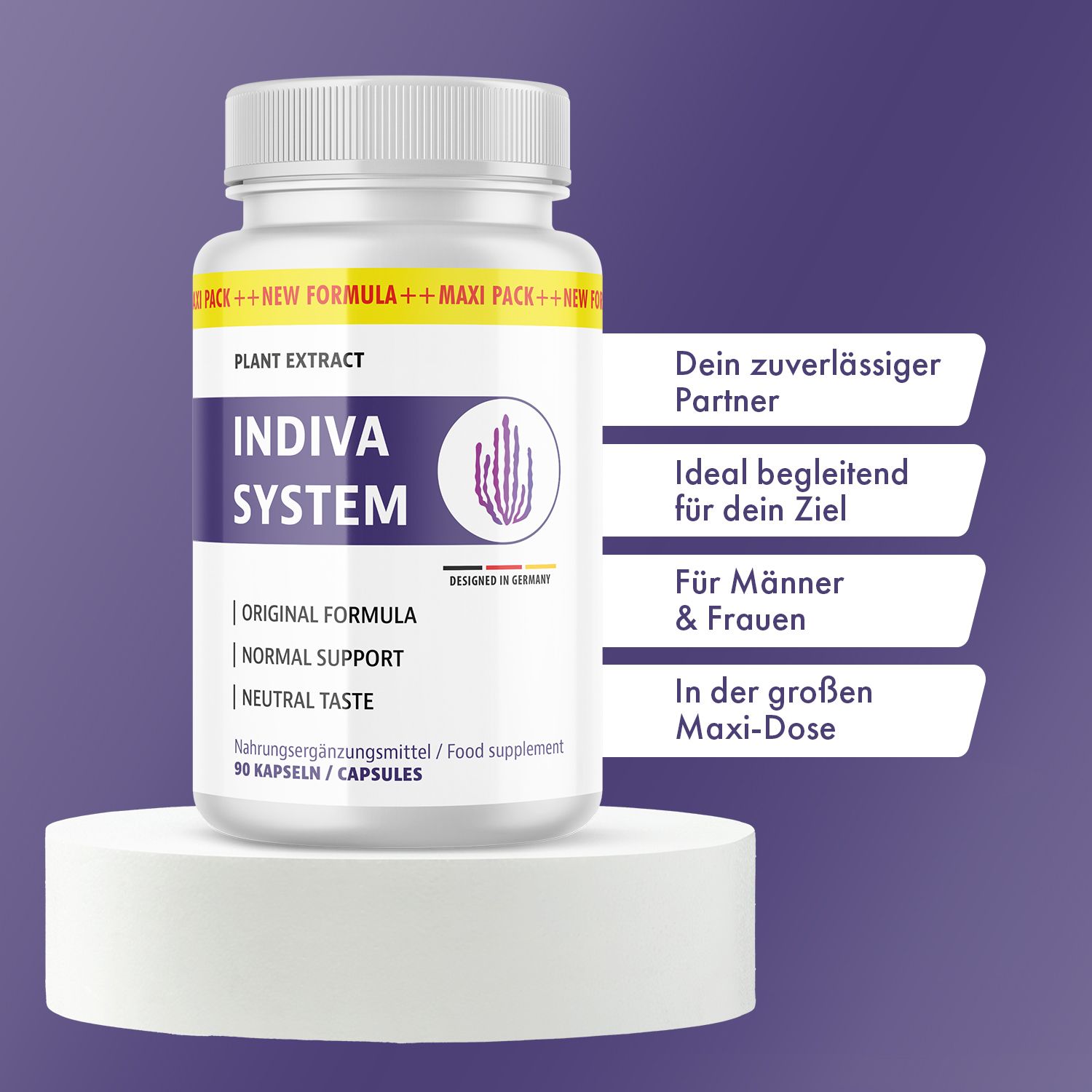 Weiße Flasche mit Kapseln. Aufschrift: Indiva System, Original Formula, Normal Support, Neutral Taste. 90 Kapseln. Auf Podest.