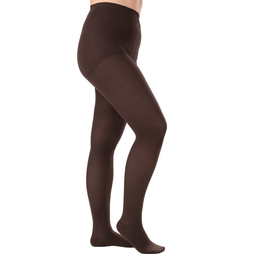 Braune Kompressionsstrumpfhose. Blick von der Seite, die Beine sind zu sehen.