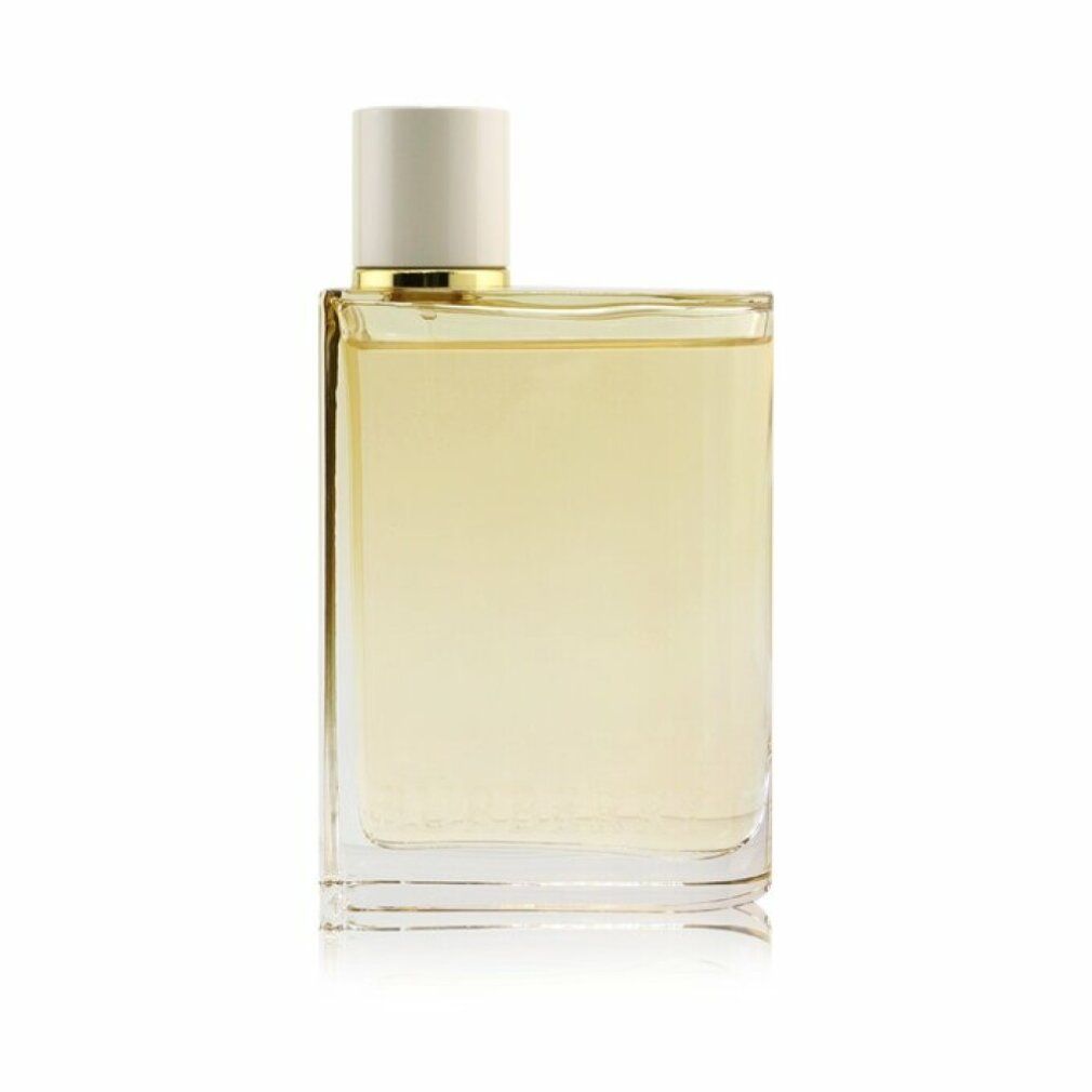 Burberry London Eau de Parfum Flakon. Rechteckige Form, goldener Kragen, transparenter Flakon. Gelbe Flüssigkeit.