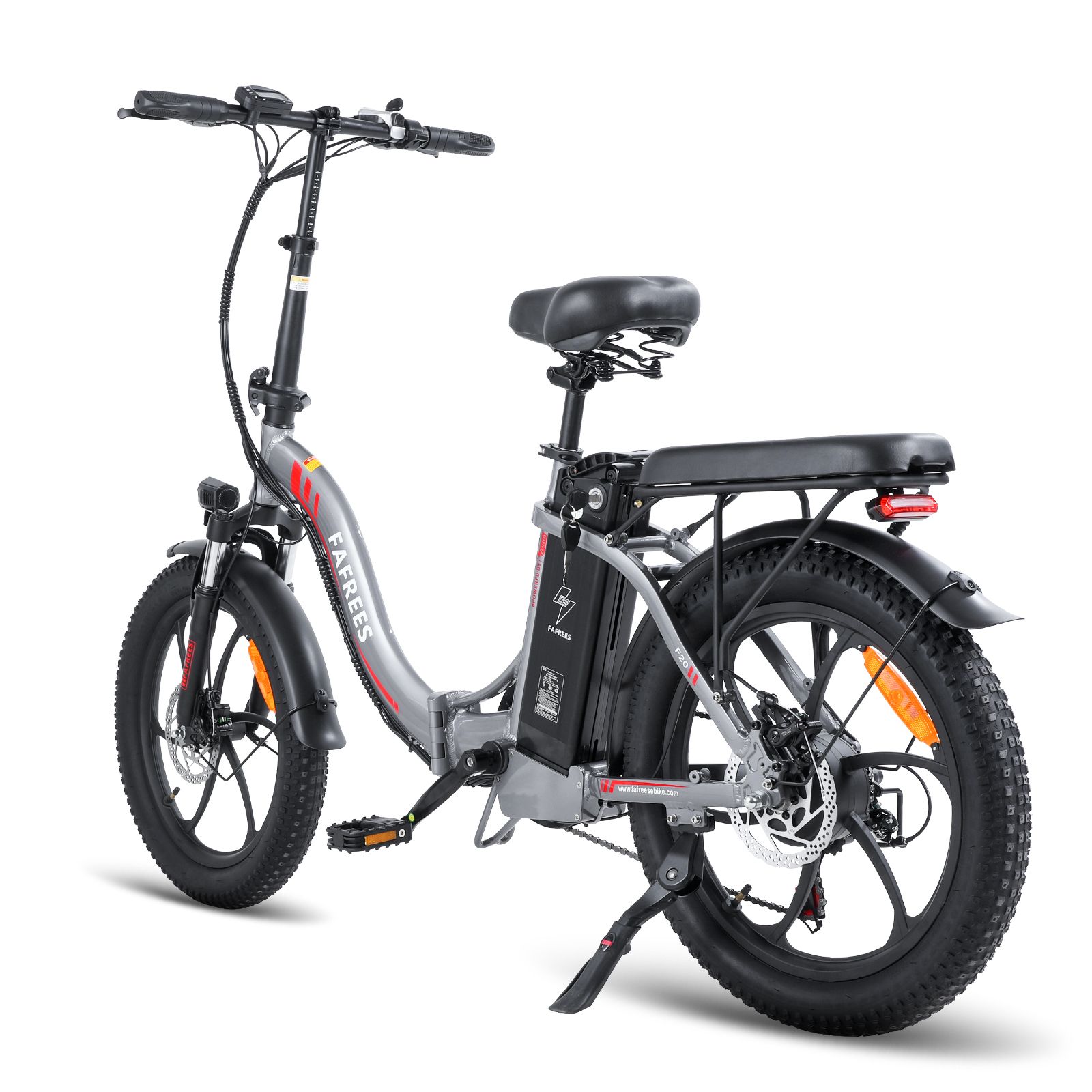 Graues FAFREES F20 Klapp-E-Bike. Schwarze Reifen, Sattel und Gepäckträger. Rückansicht.