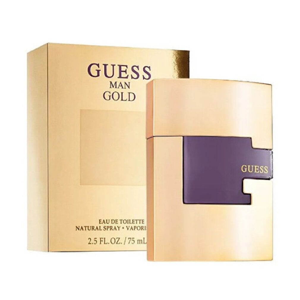 Goldfarbener Flakon und Schachtel. Aufschrift: GUESS MAN GOLD. Flakon mit lila Einsatz. 2.5 FL. OZ. / 75 ml.
