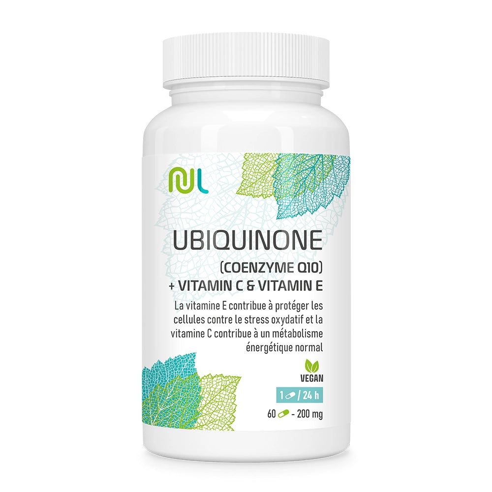 Weiße Flasche Ubiquinone (Coenzym Q10) + Vitamin C & E. 60 Kapseln. Vegan. Dosierung: 1 Kapsel/Tag. Mit Logo und Blatt-Design.