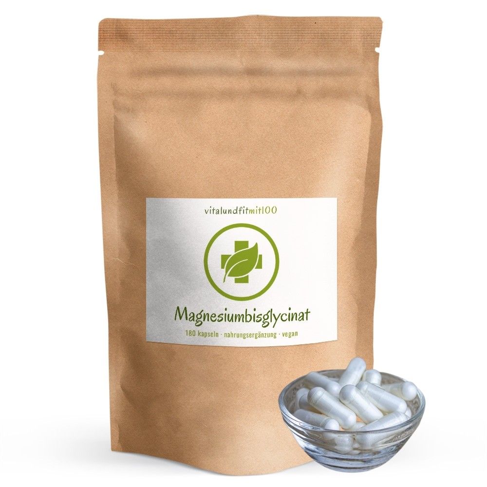 Braune Papiertüte mit weißem Etikett. Etikett mit grünem Logo und Schriftzug Magnesiumbisglycinat. Glasschale mit weißen Kapseln.