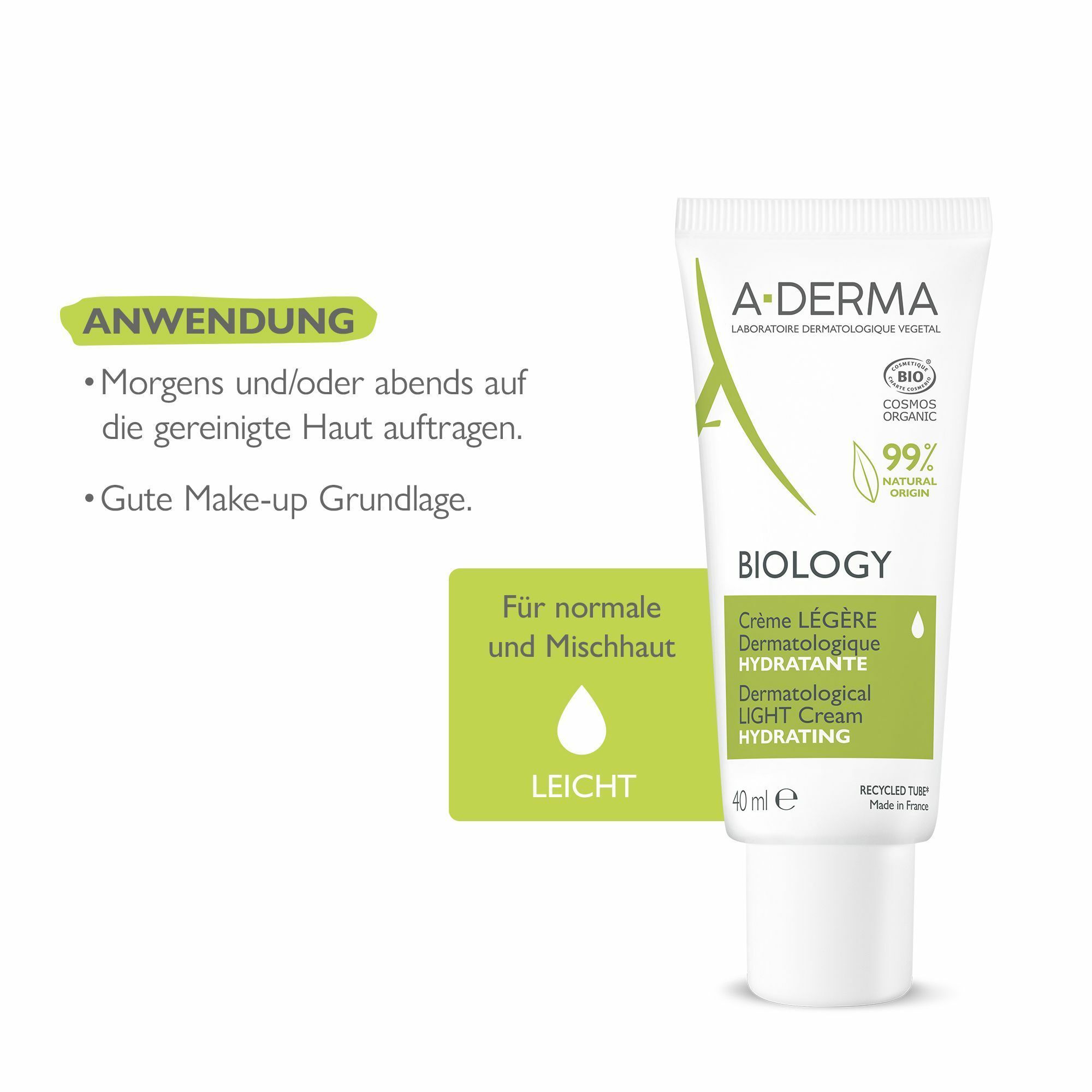 Weiße Tube mit grünen Akzenten. Text: A-DERMA BIOLOGY, Creme Légère, Dermatologische Hydratante, 40 ml. Für normale und Mischhaut.