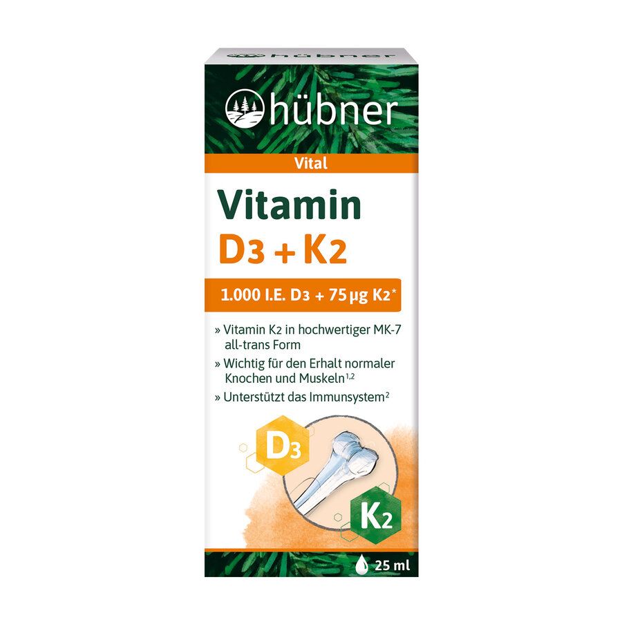 Verpackung von Hübner Vitamin D3 + K2 Tropfen. Enthält Vitamin D3 und K2. Aufschrift: 1.000 I.E. D3 + 75 µg K2. Flasche mit 25 ml.