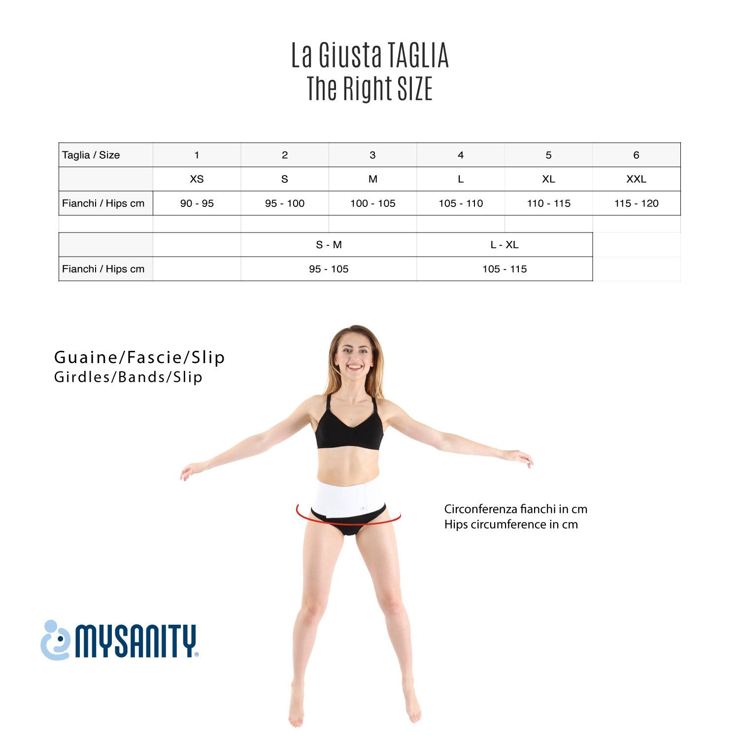 Größentabelle für Bauchgürtel. Frau mit Gürtel, zeigt Umfang. Marke MYSANITY unten links.