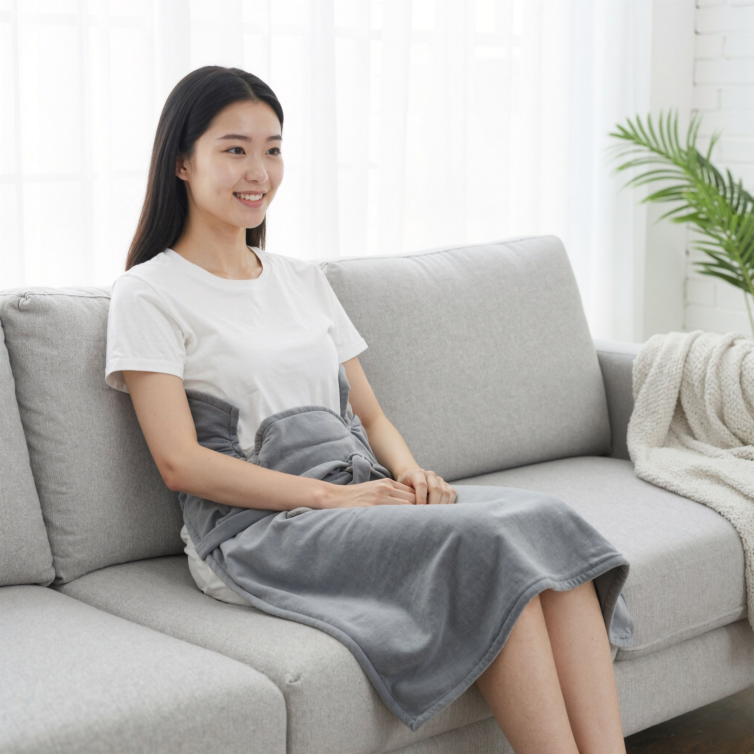 Grauer Wärmeschal, der auf dem Schoß einer Person liegt. Person sitzt auf einem Sofa. Graue Decke.