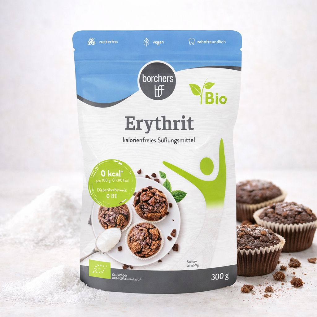 Borchers Bio Erythrit kalorienfreies Süßungsmittel Beutel mit Muffins.