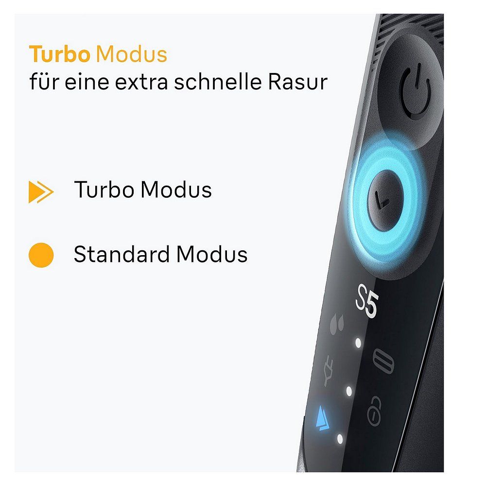 Nahaufnahme des Braun Series 5 Rasierers, der den Turbo- und Standardmodus zeigt.