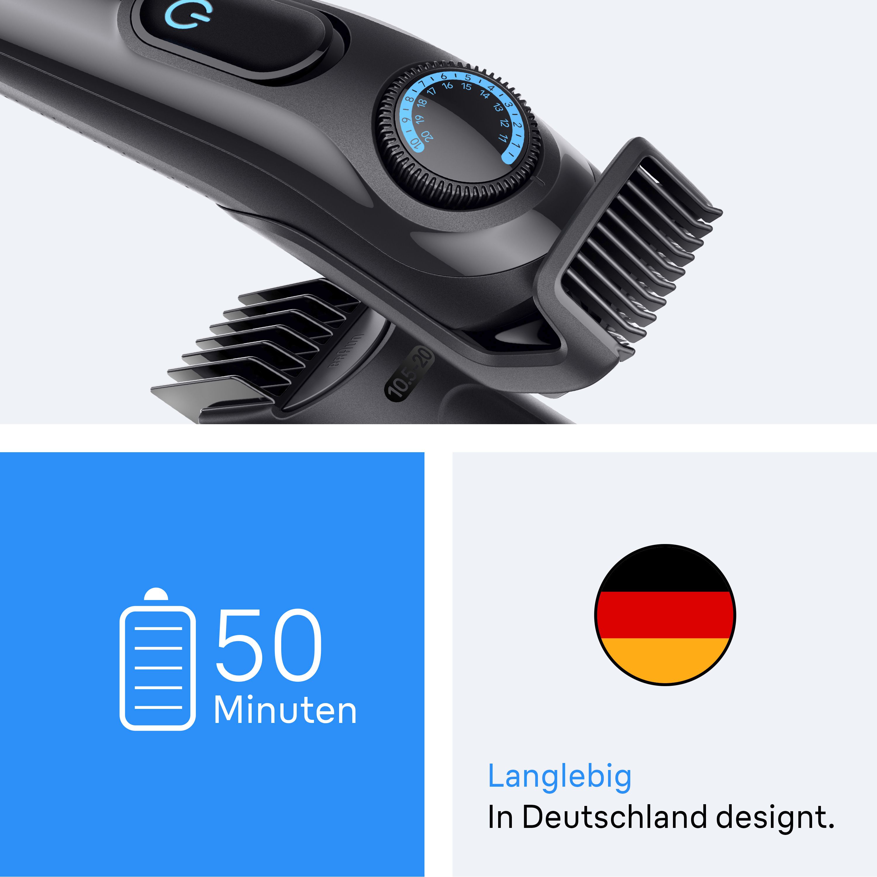 Nahaufnahme des Braun Bartschneiders mit Präzisionsrad und Längeneinstellungen.