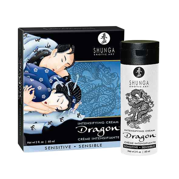 Schwarze Schachtel und weiße Flasche. Aufdruck: Shunga, Dragon Intensifying Cream. Abbildung: Paar, Drache.