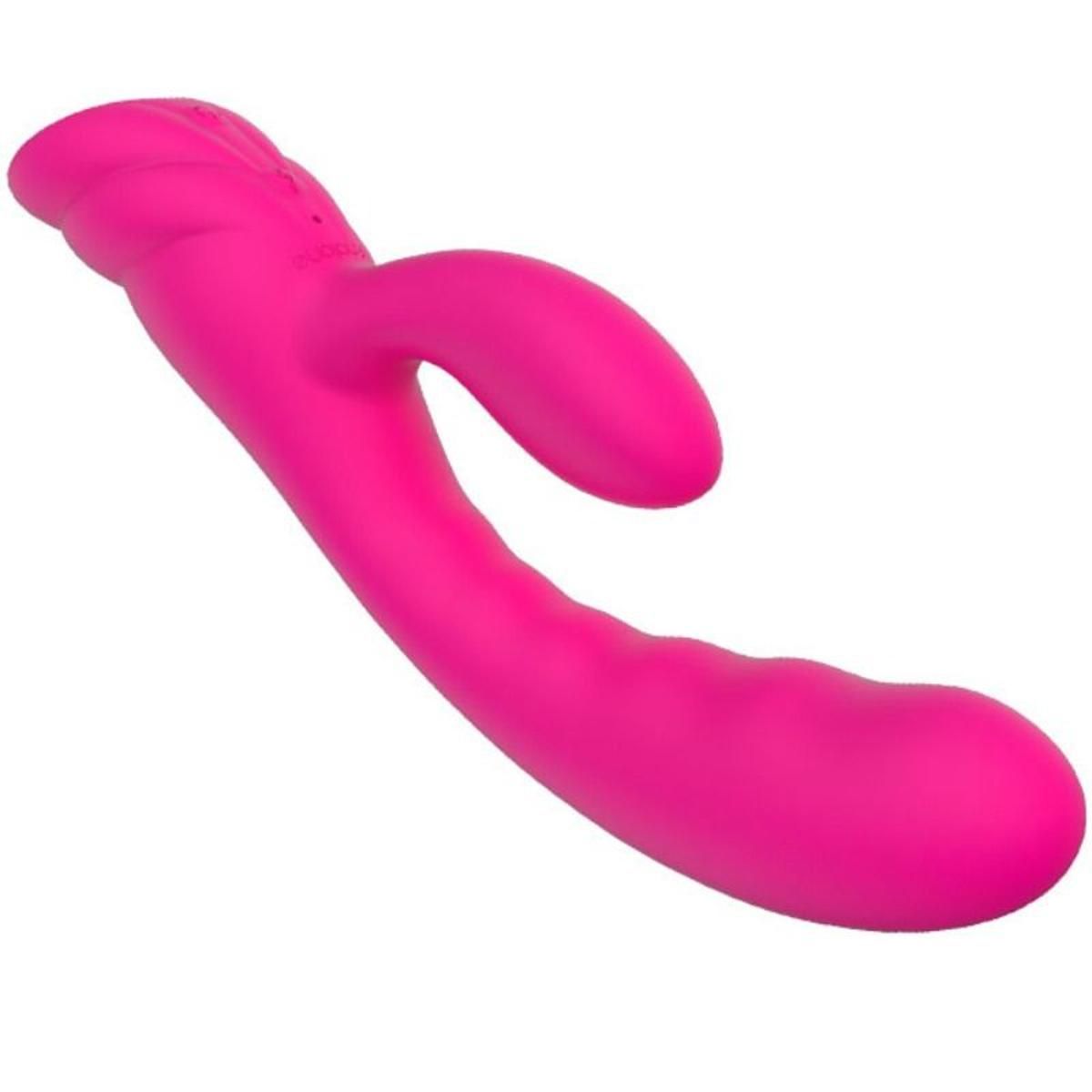 Pinkfarbener Vibrator mit gebogener Form und zwei Ausläufern. An einem Ende befindet sich eine silberfarbene Kugel.