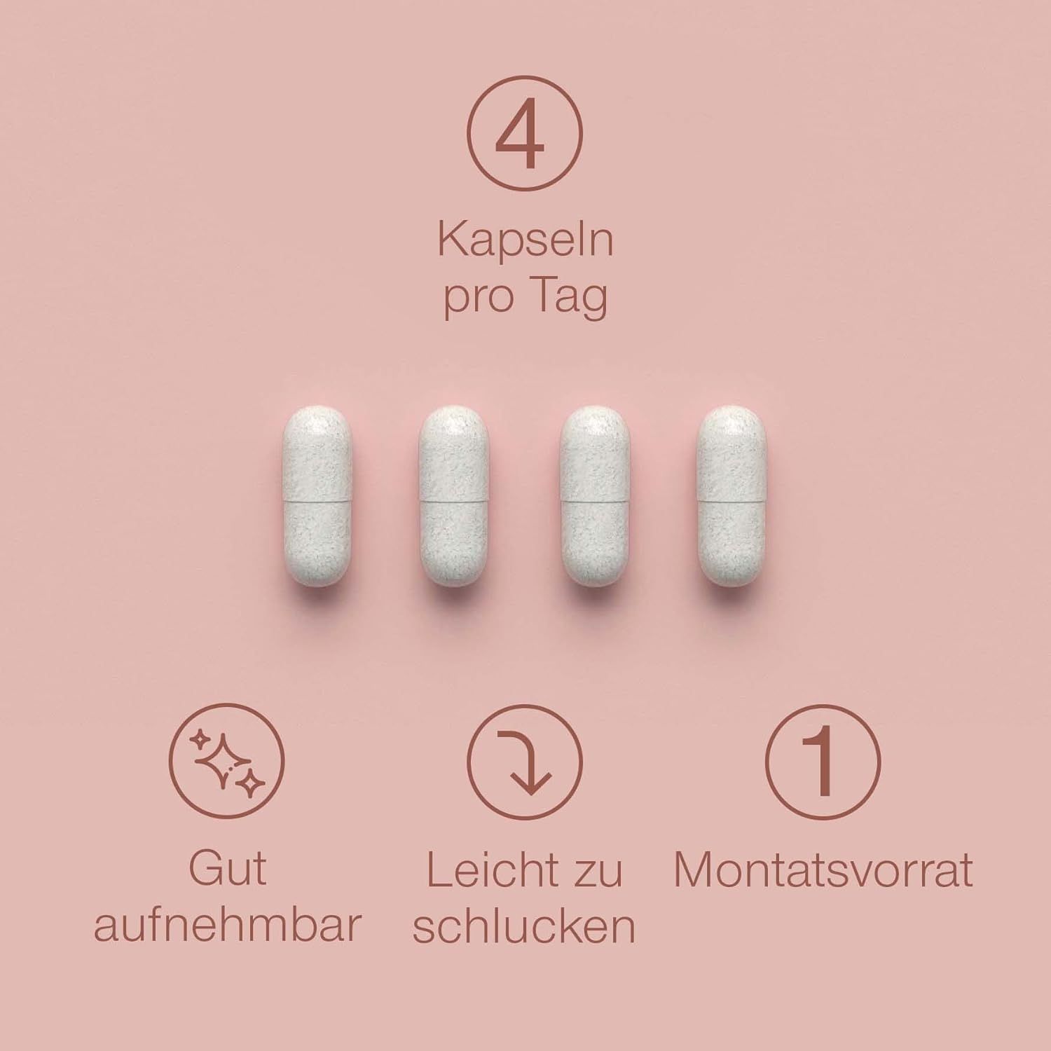 Vier Kapseln auf rosa Hintergrund. Text: 4 Kapseln pro Tag, gut aufnehmbar, leicht zu schlucken, Monatsvorrat.