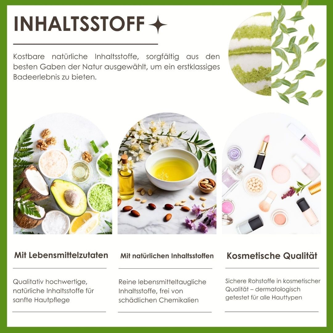 Inhaltsstoffe: Lebensmittelzutaten, natürliche Inhaltsstoffe, kosmetische Qualität. Abbildungen von Zutaten.