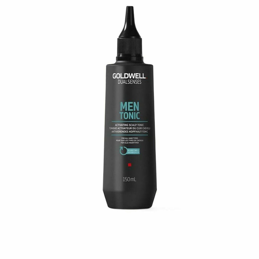 Schwarze Flasche mit schwarzem Applikator. Goldwell Dualsenses Men Tonic. Text: Activating Scalp Tonic. 150ml.