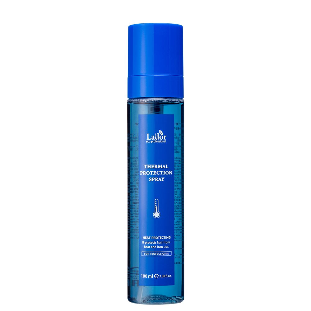 Lador Thermal Protection Spray in einer blauen Sprühflasche mit Thermometer-Symbol.