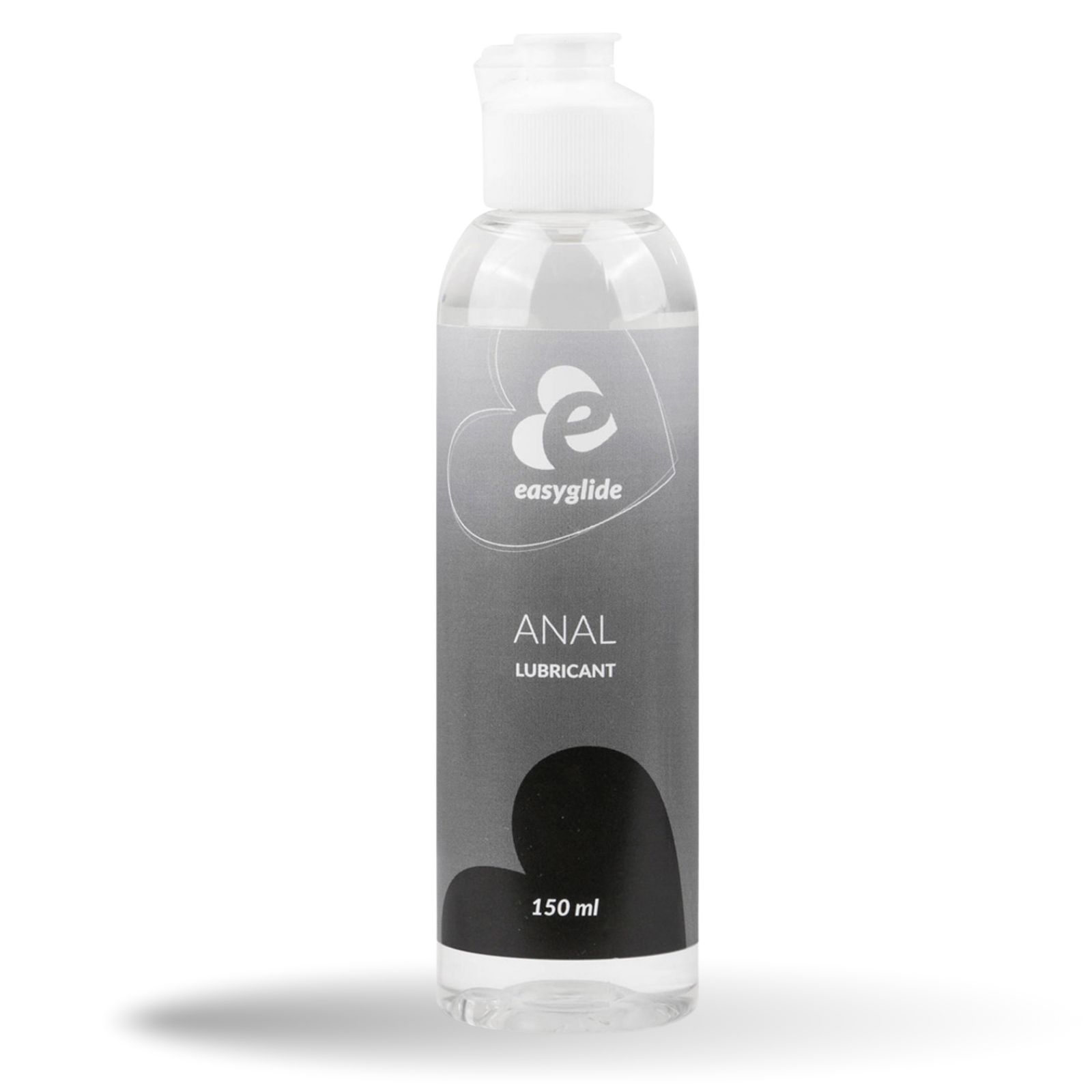 Klare Flasche mit weißem Deckel. Aufschrift: Easyglide, Anal Lubricant, 150 ml.