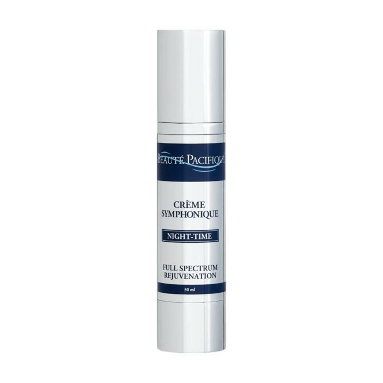 Creme Symphonique Night-Time. Weiße Flasche mit blauem Etikett. Text: Beauté Pacifique, Creme Symphonique, Night-Time, Full Spectrum Rejuvenation.