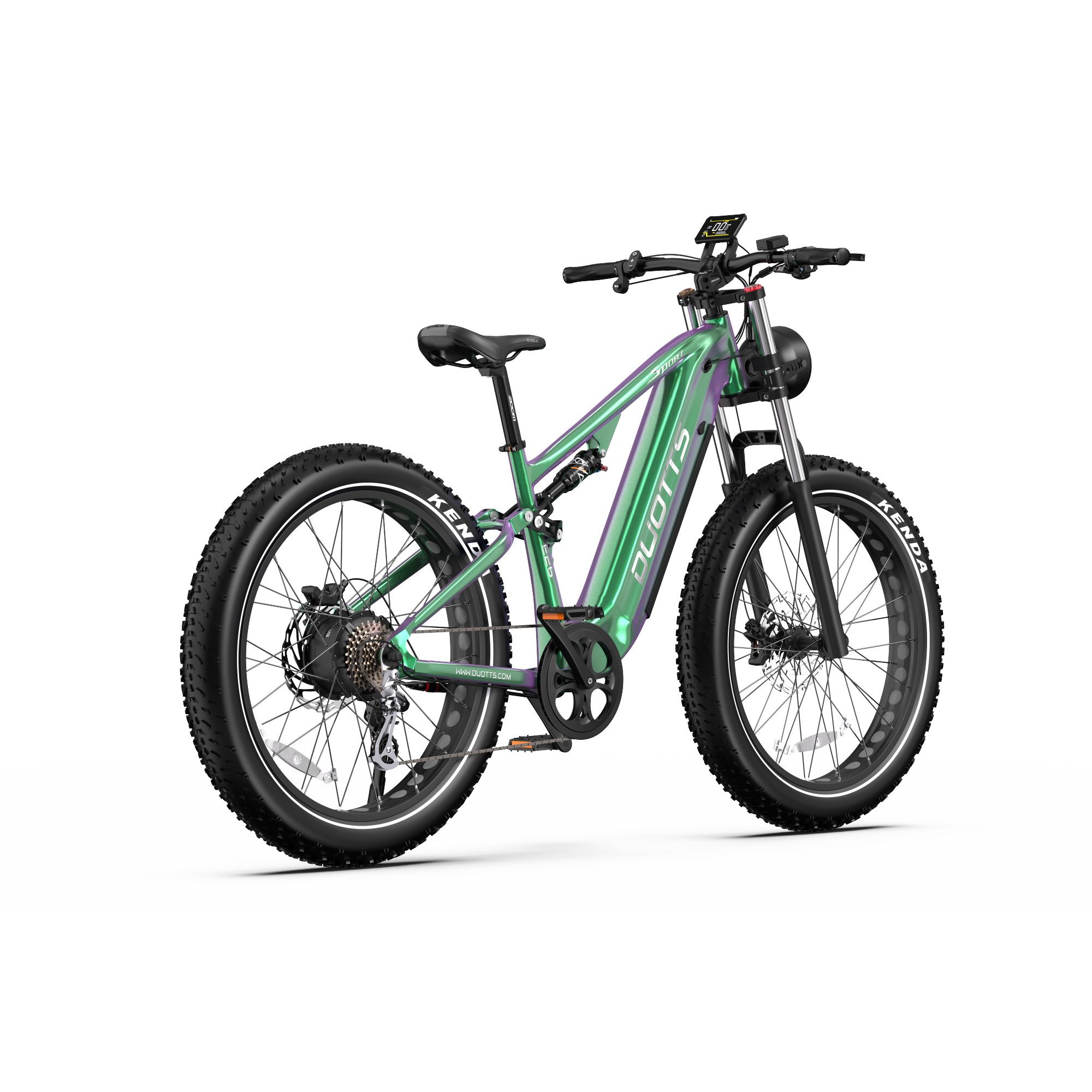 Grünes Elektro-Mountainbike. Schwarze Reifen mit KENDA-Schriftzug. DUOTTS-Logo am Rahmen. Digitales Display.