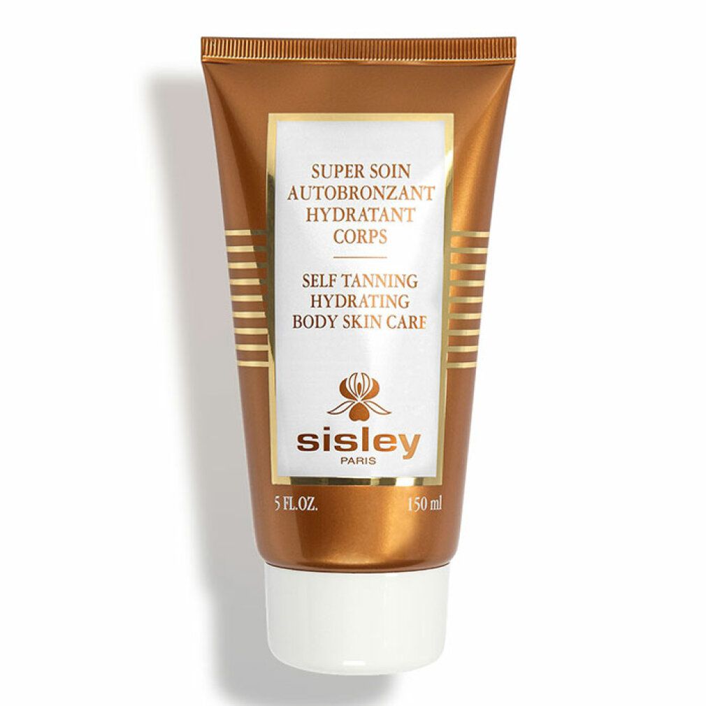 Bräunungscreme-Tube. Goldfarben, weißer Deckel. Text: SUPER SOIN AUTOBRONZANT HYDRATANT CORPS, SELF TANNING HYDRATING BODY SKIN CARE, Sisley.
