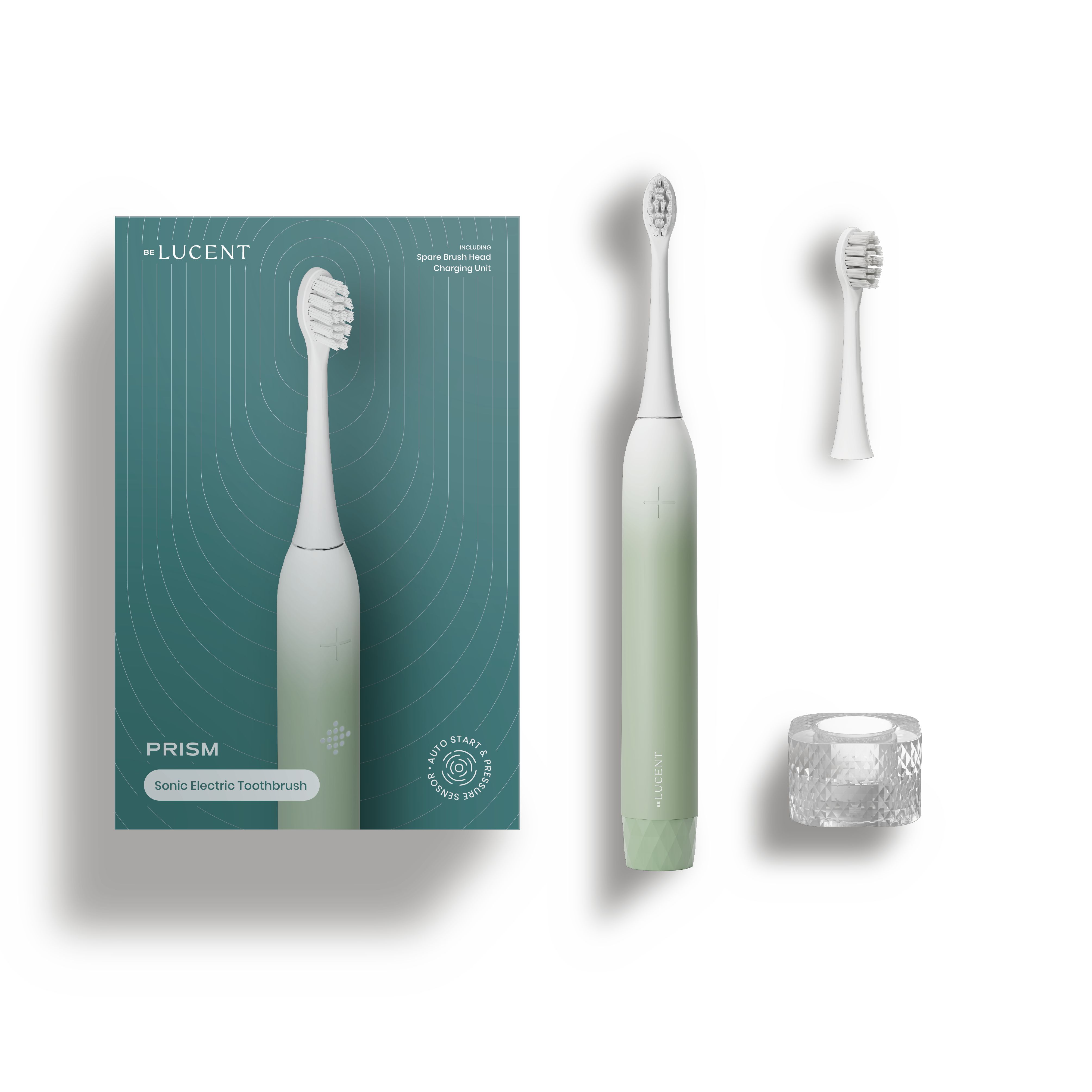 Elektrische Zahnbürste, grün-weiß, mit Ersatzbürste und Ladestation. Aufdruck: LUCENT, PRISM, Sonic Electric Toothbrush.
