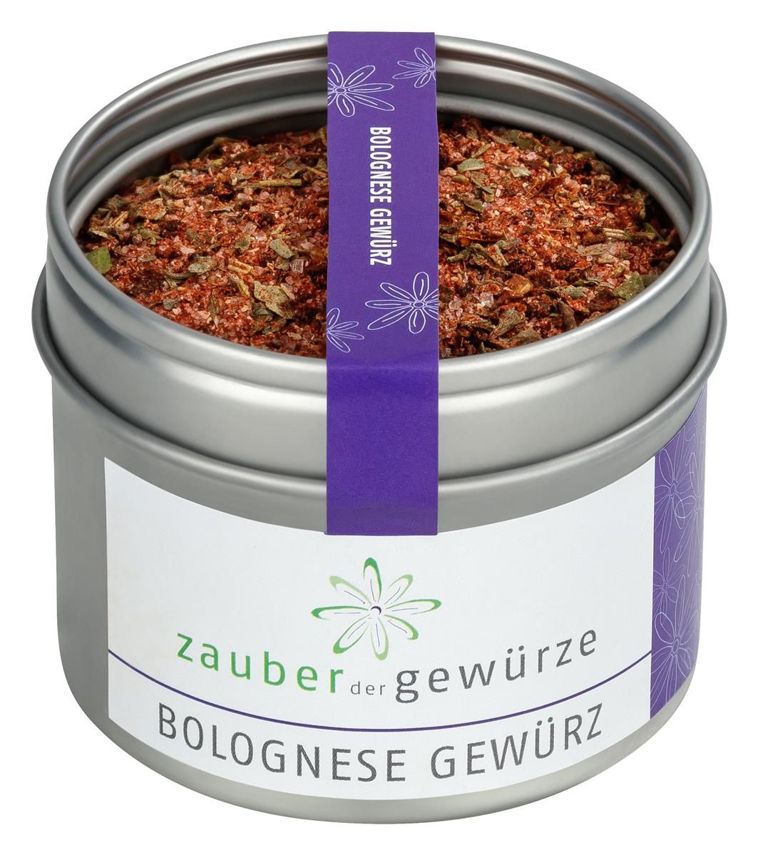 Gewürzmischung in Dose. Dose mit Deckel und Etikett. Aufschrift: Zauber der Gewürze Bolognese Gewürz.
