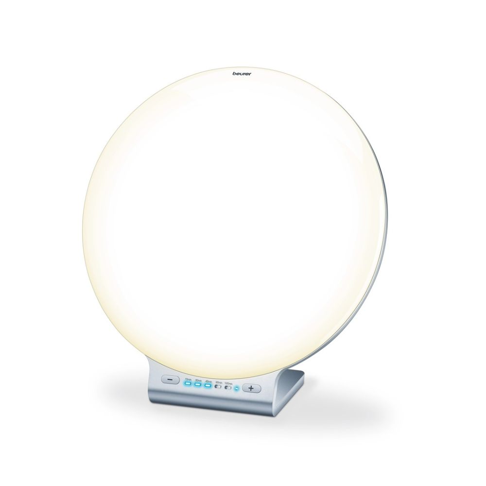 Runde Lampe mit hellem Licht. Unterhalb der Leuchte befindet sich ein Bedienfeld mit Knöpfen. Marke: Beurer.