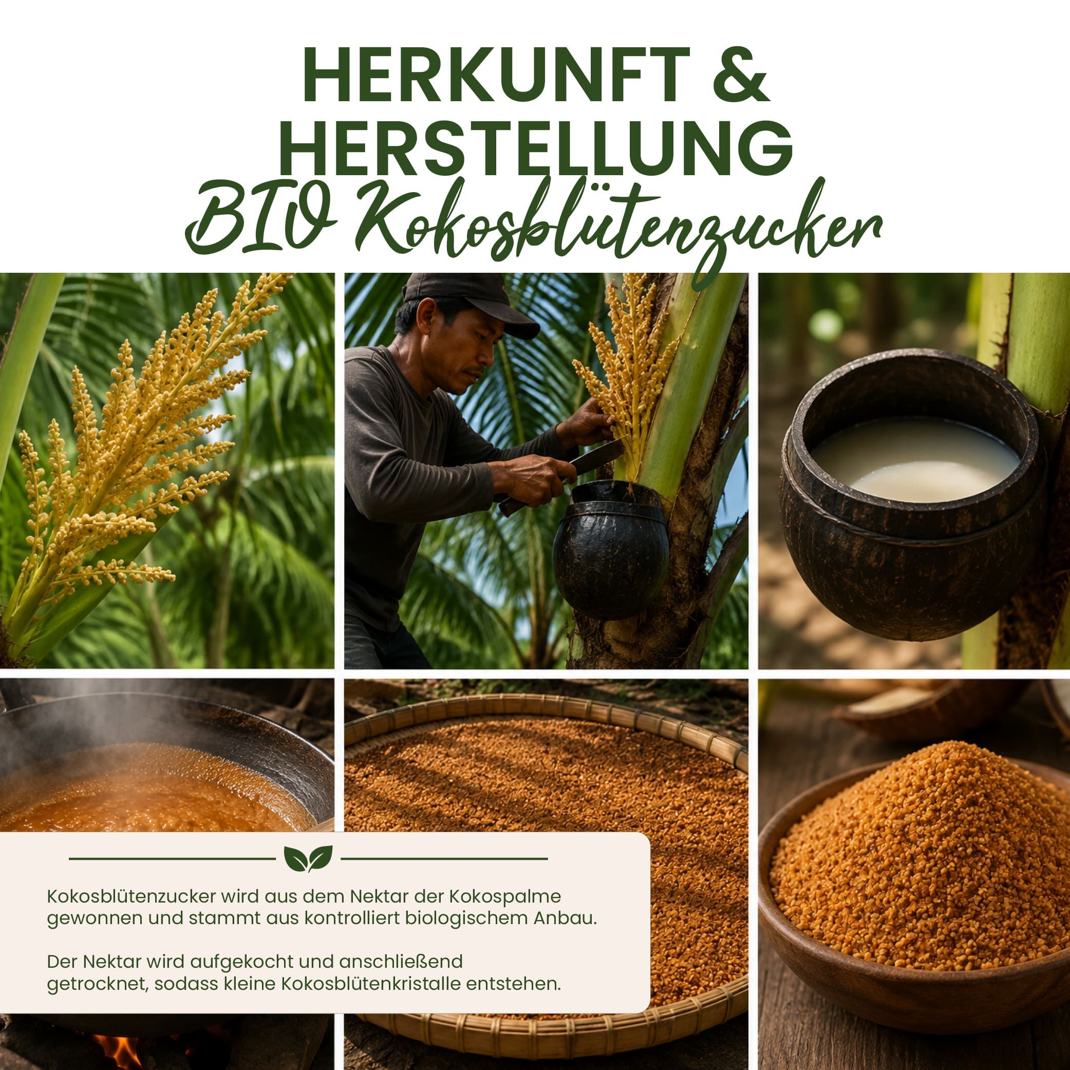 Collage zeigt die Gewinnung und Verarbeitung von Bio-Kokosblütenzucker: Nektarernte, Saft in Kokosnussschale, Einkochen, Trocknen und fertiges Granulat.