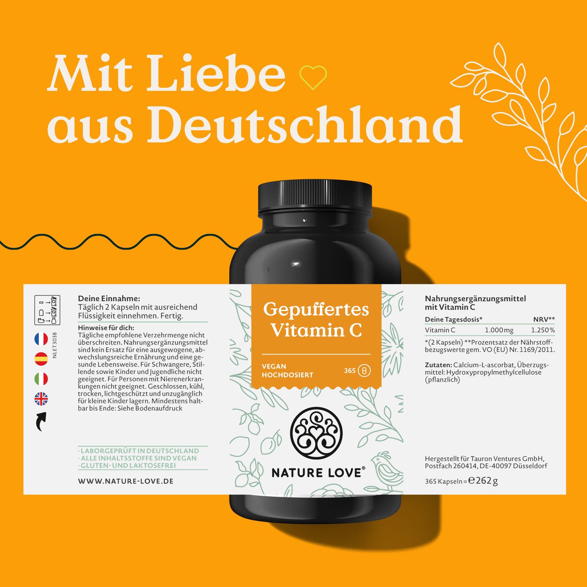 Schwarze Flasche mit Etikett. Aufschrift: Gepuffertes Vitamin C, NATURE LOVE®. Enthält 365 Kapseln. Vegan, hochdosiert.