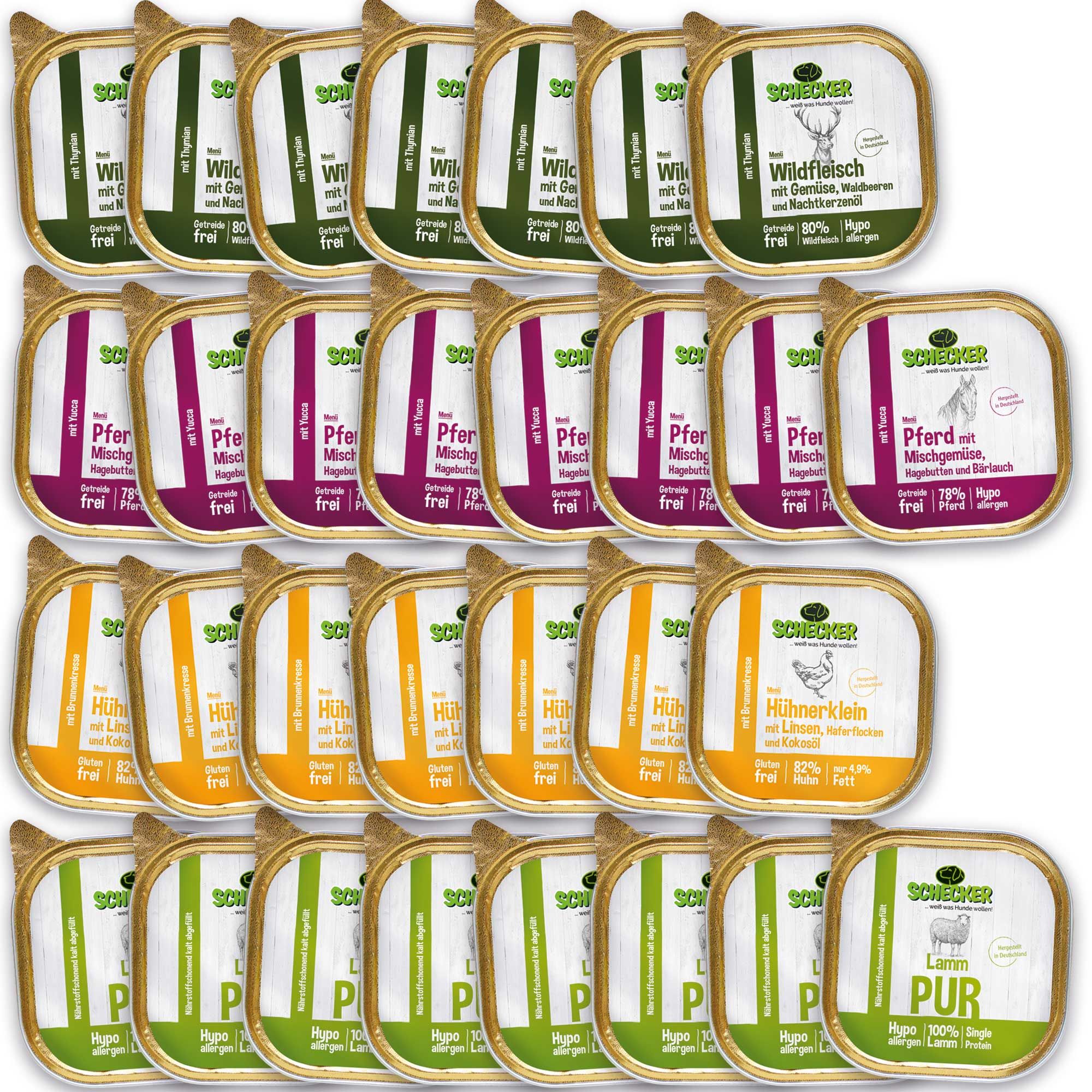 Mehrere Schälchen Hundefutter, verschiedene Sorten. Etiketten mit Produktinformationen und Marke Schecker.