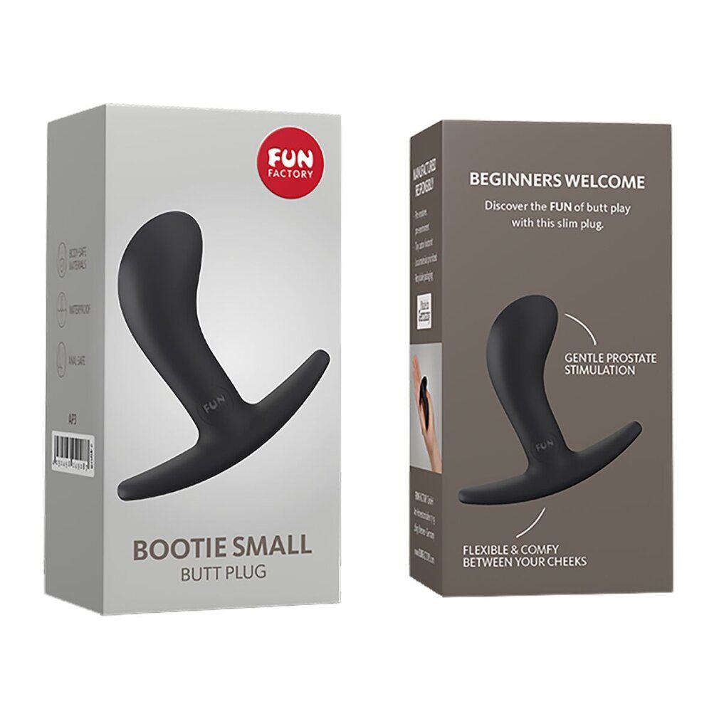 Verpackung mit schwarzem Analplug. Text: BOOTIE SMALL BUTT PLUG, FUN Factory Logo.
