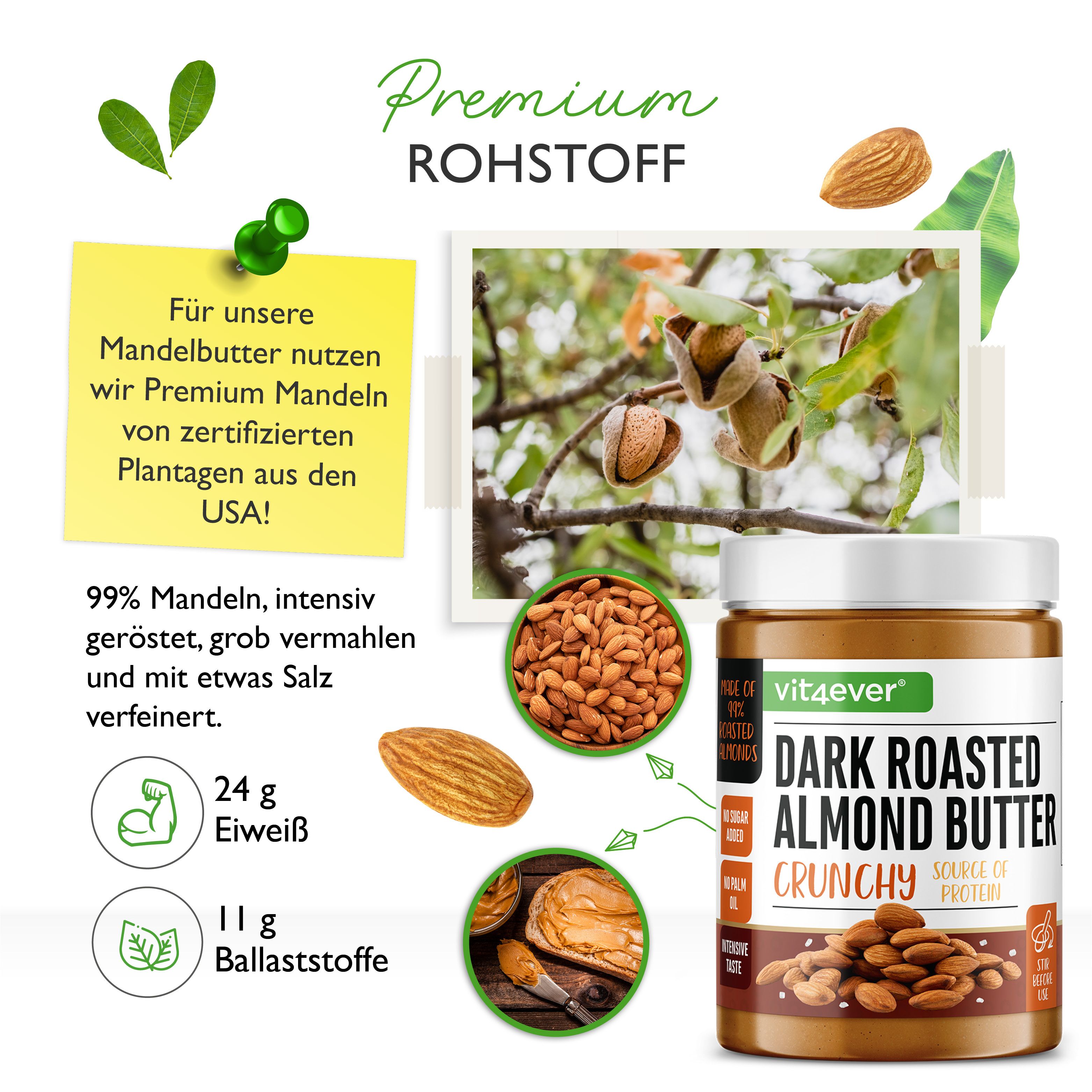 Produktabbildung mit Zutaten und Nährwertangaben. 'vit4ever Dark Roasted Almond Butter Crunchy' neben Mandeln.