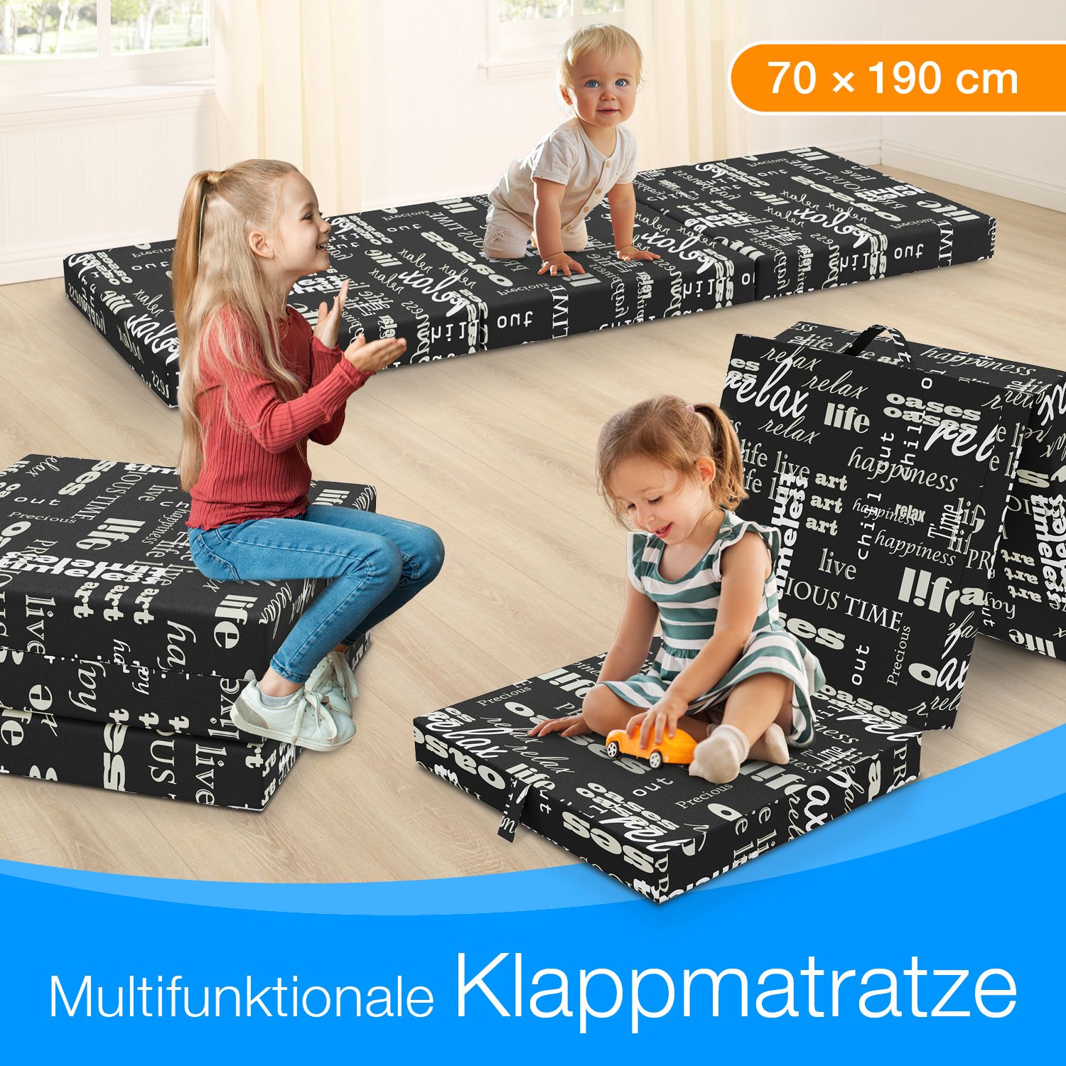 ELONEO Klappmatratze, 70x190x9cm, verschied. Motive, inkl. Griff & Halteband, klappbare